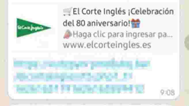 El Corte Inglés no sortea ningún regalo por su 80 aniversario: este mensaje que circula por WhatsApp es una estafa de phishing